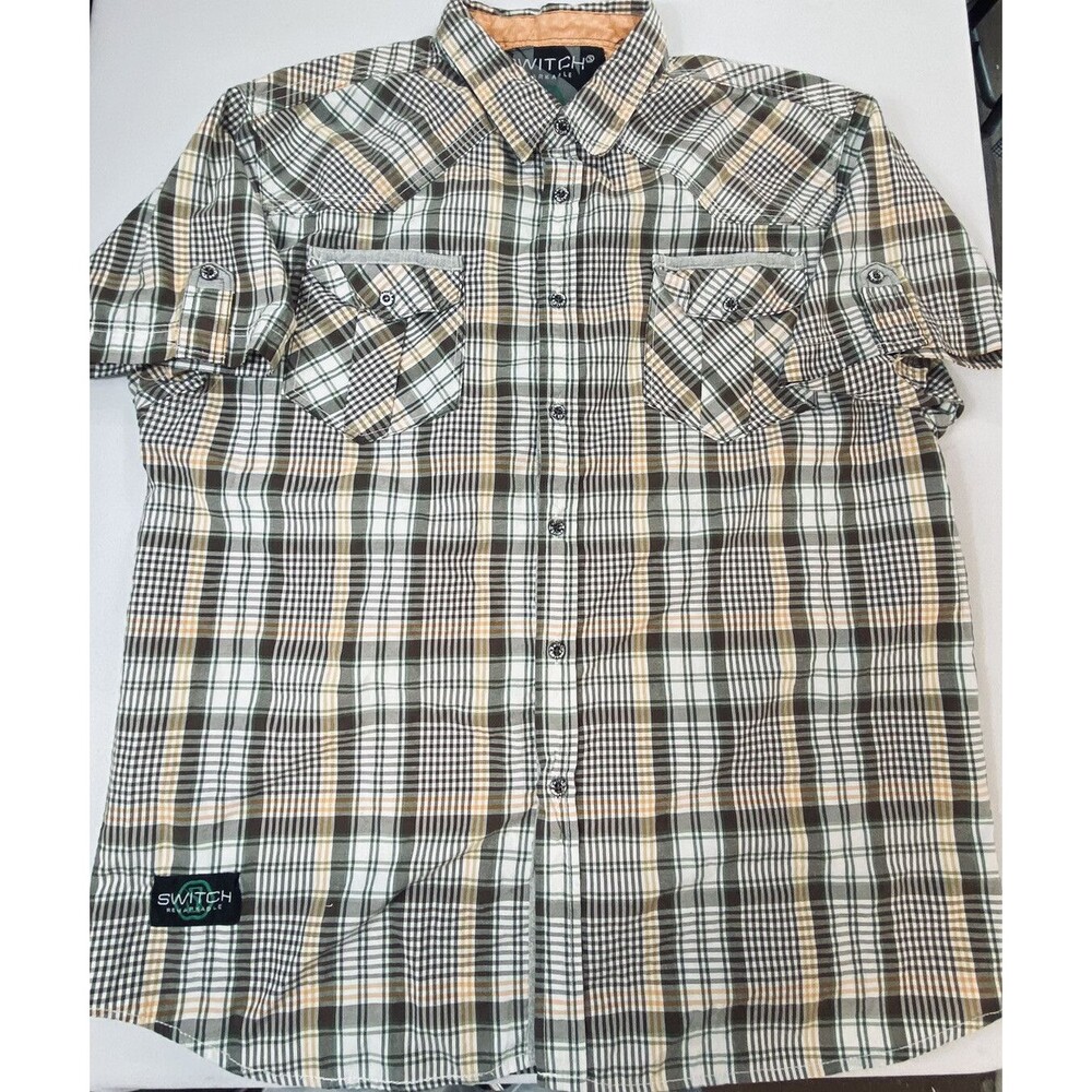 Switch Mens Brown Yellow White Plaid Short Sleeve Button Up Shirt Size 3XL
